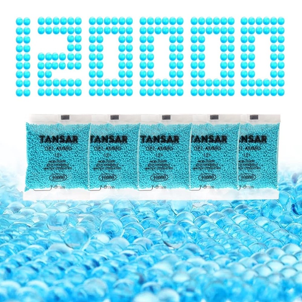 TANSAR Gel Ball Blaster Ammo Splat Gels Gun Refill(7-8 mm,12 Packs,10,000 Pieces Per Pack), 7.5mm Gels Splatter Bullets, Compatible with Gel Gun Blaster, for Ages 14+, Light Blue