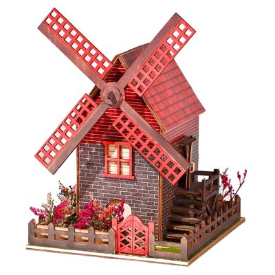 Backbayia Windmill House Model with LED Light Cabin Building Toys Handmade Crafts Desktop Ornament for Children Adult