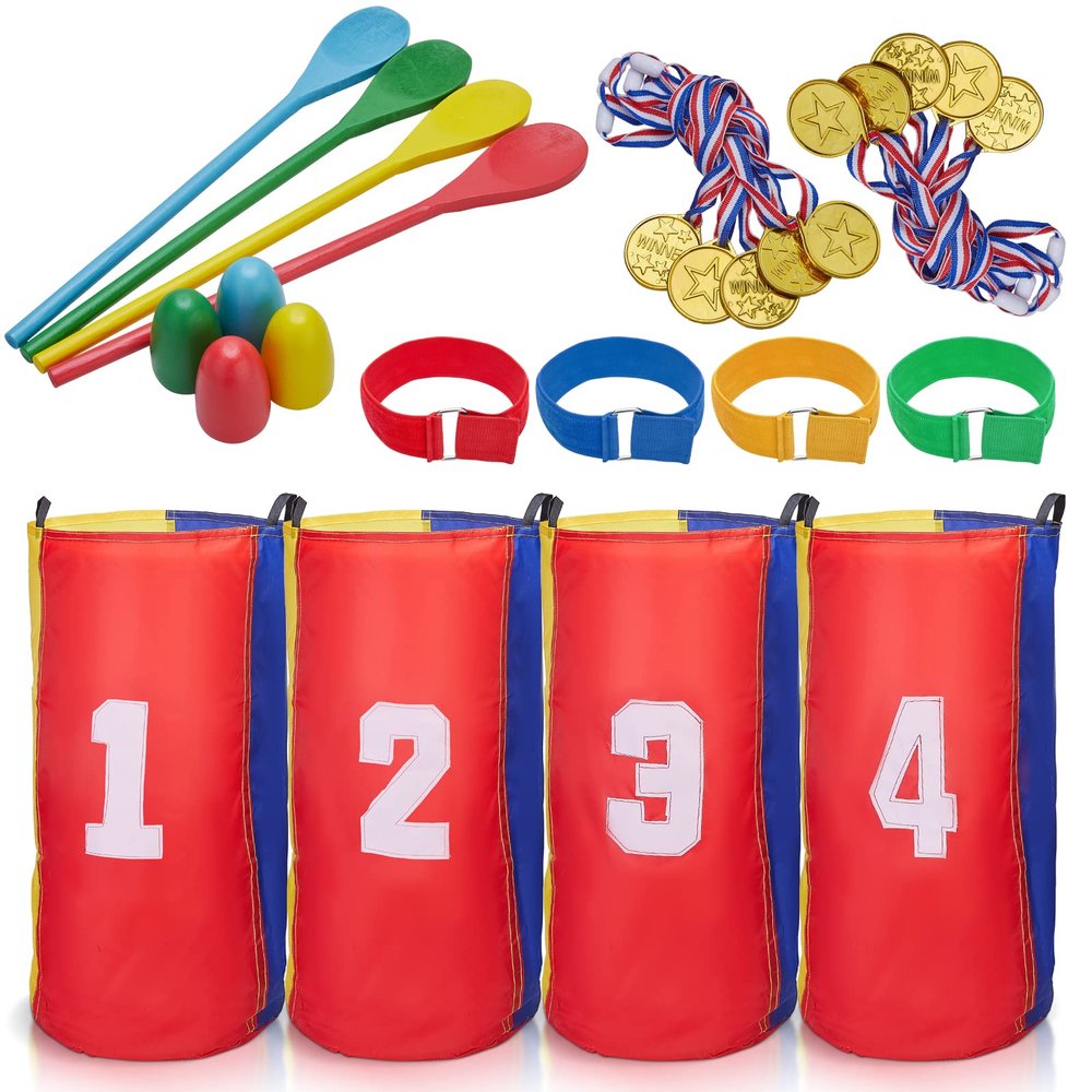 Redllo 26PCS Outdoor Games Potato Sack Race Bags for Kids and Adults, 3-Legged Race Bands, with Egg and Spoon Lawn Games for Outside Backyard Field Day Birthday Party Games Easter for Kids and Family