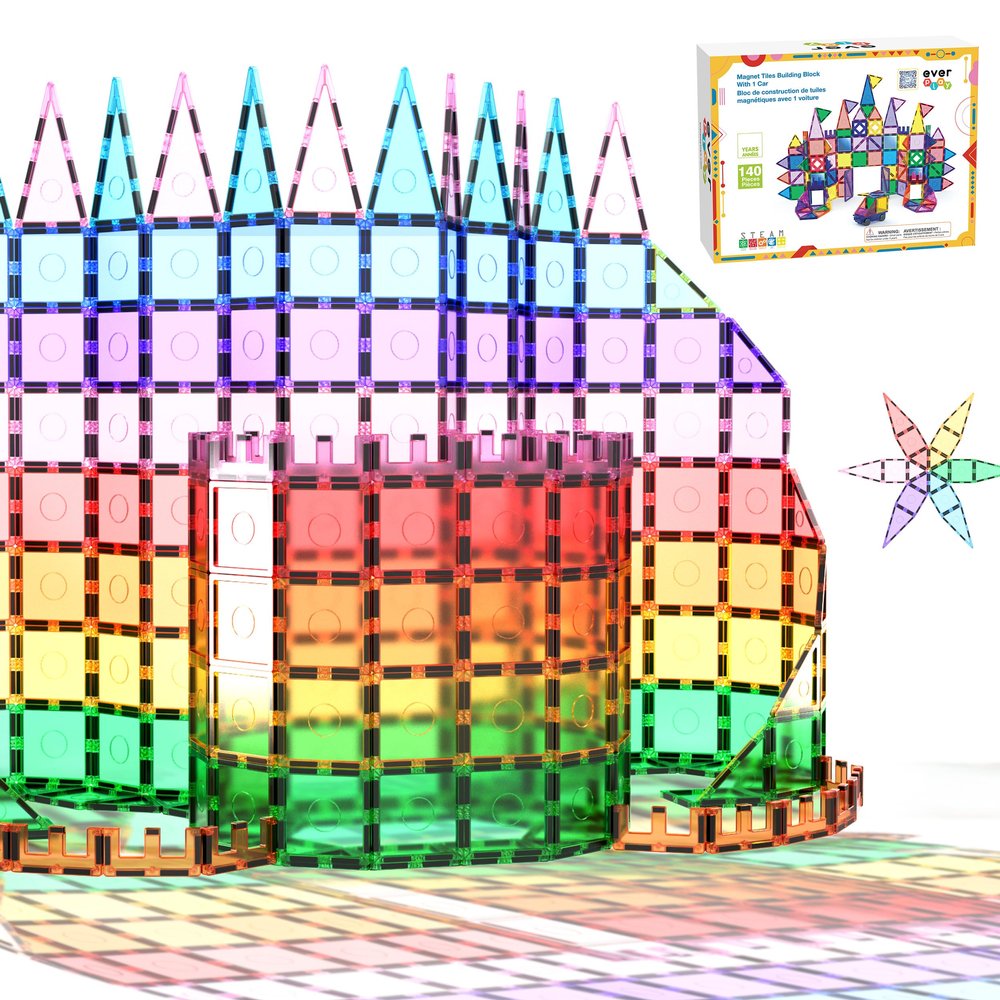 Everplay 140 pc Castle Rocket Magnetic Tiles with Car Set Building Block Toys STEM Educational Learning Magnet Toy Preschool Montessori Boys & Girls Smart Kit Games Gifts for Age 3+ Kids Toddlers