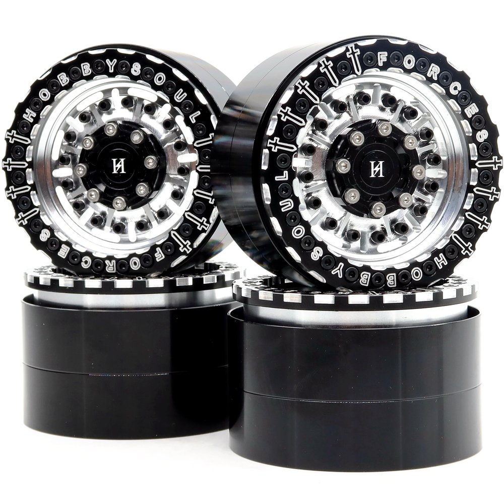 HOBBYSOUL 4pcs RC Aluminium 2.2 beadlock Wheels Rims Hex 12mm Silver & Black Color Weight About 160g/rims for RC 2.2 Mud Truck Tractor Rock Crawler Tires Tyres