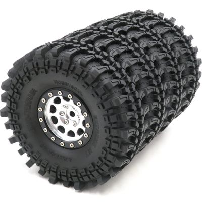 HOBBYSOUL 4pcs RC 1.9 Mud Terrain Tires Super Grip Rock Crawler Truck Soft Tyres 121mm/4.75inch & Aluminium 1.9 Beadlock Wheels Rims Hex 12mm Silver/Black Color