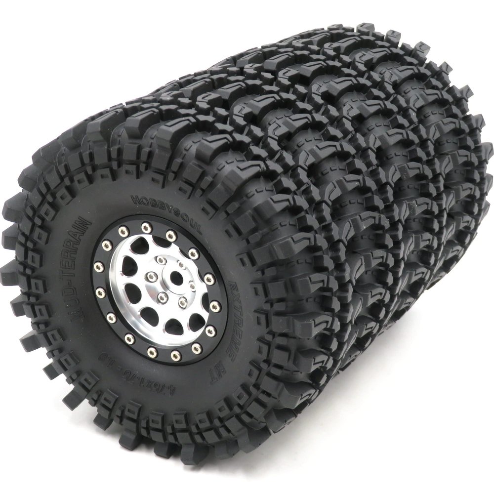 HOBBYSOUL 4pcs RC 1.9 Mud Terrain Tires Super Grip Rock Crawler Truck Soft Tyres 121mm/4.75inch & Aluminium 1.9 Beadlock Wheels Rims Hex 12mm Silver/Black Color