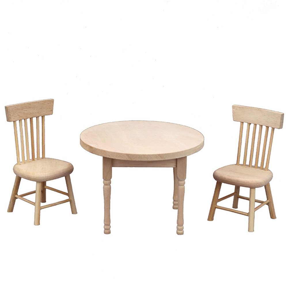 LEAQU 1Set Table Chair Model Deformed Simulated Wood Dollhouse Circle Table Chair for Home Sets