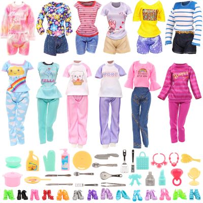 40 PCS Doll Clothes and Outfits - 6 Pants Outfits, 10 Shoes, 15 Makeup Accessories and 9 Tableware Accessories for 11.5 inch Doll Girl Dolls