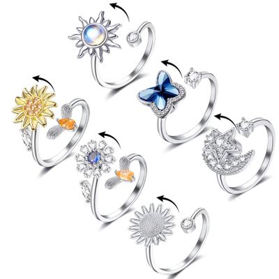 Honsny Fidget Rings for Women, Spinner Fidget Ring Set, Sunflower Butterfly Bee Star Moon Relief Spinning Rings for Adults