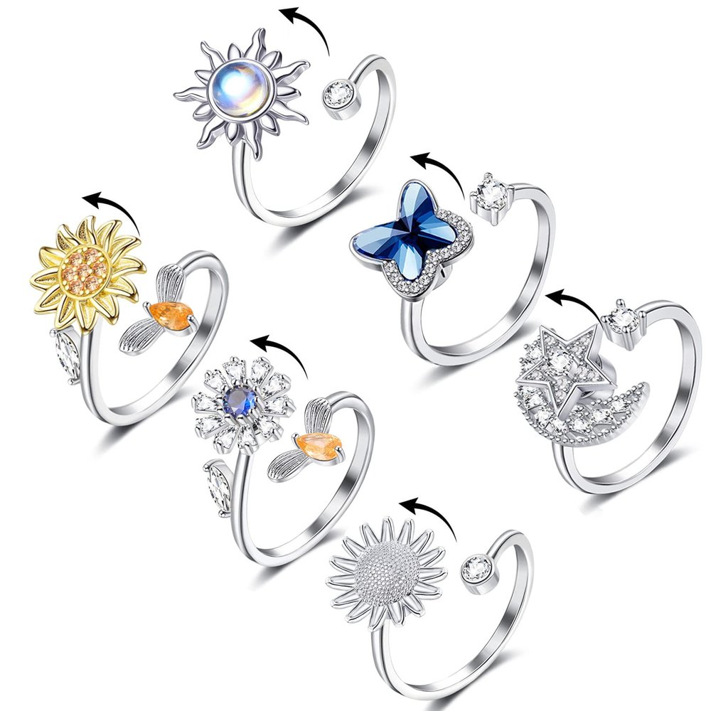 Honsny Fidget Rings for Women, Spinner Fidget Ring Set, Sunflower Butterfly Bee Star Moon Relief Spinning Rings for Adults