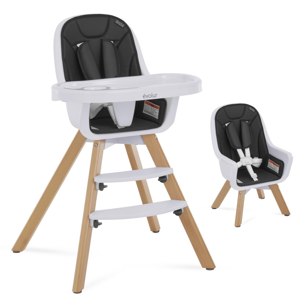 Evolur Zoodle 2-in-1 High Chair for Baby & Toddler Convertible High Chair to Toddler Chair, Padded Seat, 5-Point Safety Harness, Dual Dishwasher-Safe Trays, Solid Beechwood Legs Black