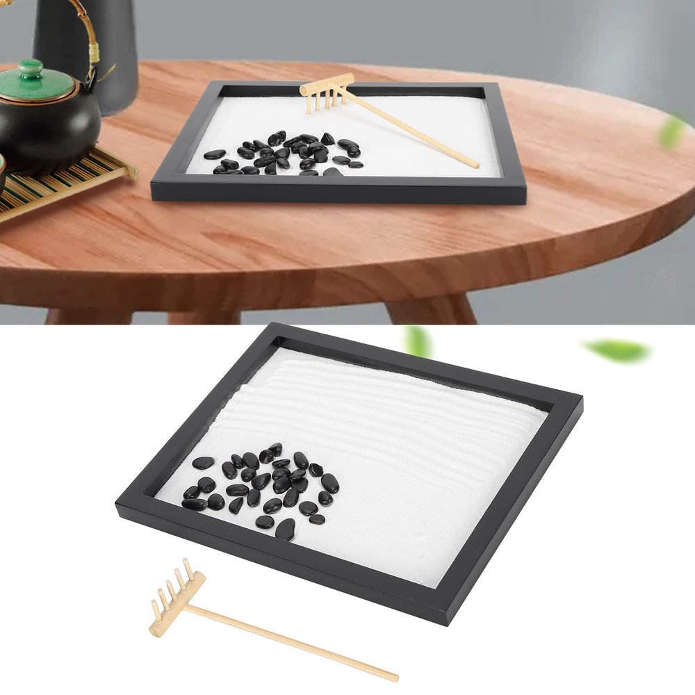 Desktop Mini Zen Garden with Rake, White Beach Sand, 8.5x6.9x0.6 Inch, Home Office Decoration