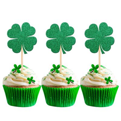24 PCS Lucky Four Leaf Clover Cupcake Toppers Green Glitter St.Patrick's Day Shamrock Cupcake Picks St Patrick's Day Baby Shower Birthday Party Cake Decorations Supplies