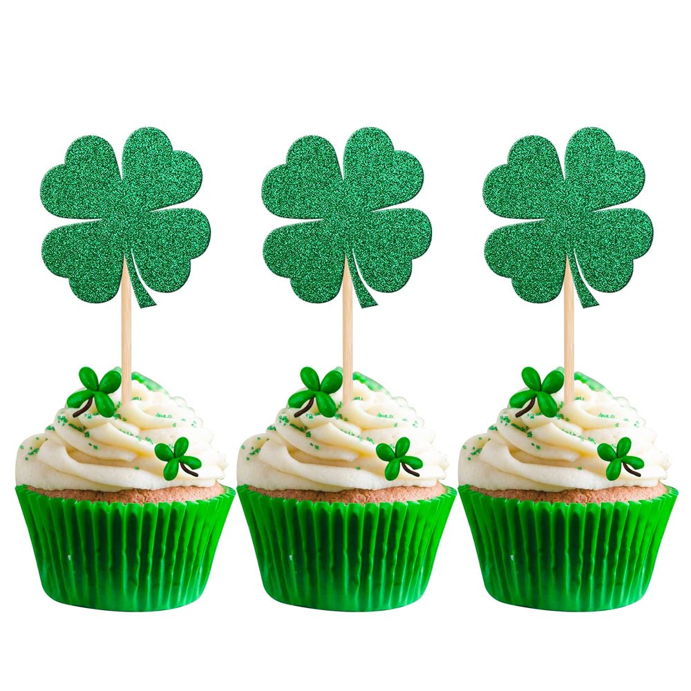 24 PCS Lucky Four Leaf Clover Cupcake Toppers Green Glitter St.Patrick's Day Shamrock Cupcake Picks St Patrick's Day Baby Shower Birthday Party Cake Decorations Supplies