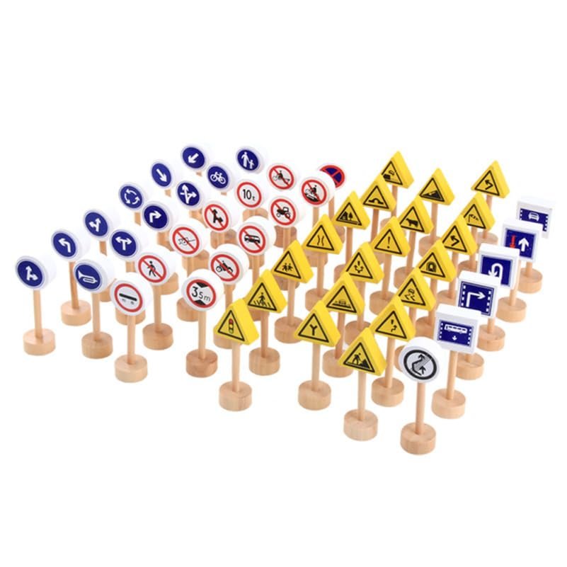 Totority Wooden Road Construction Traffic Sign 50pcs Toy Street Signs Small Toy Cars and Other Diecast Vehicles