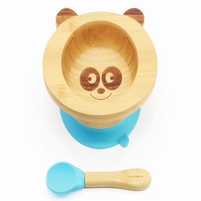 NOVEM OM Suction Bowls for Baby- Bamboo set- LED Weaning Spoons- BPA Free - Toddler bowl and spoon set- Blue