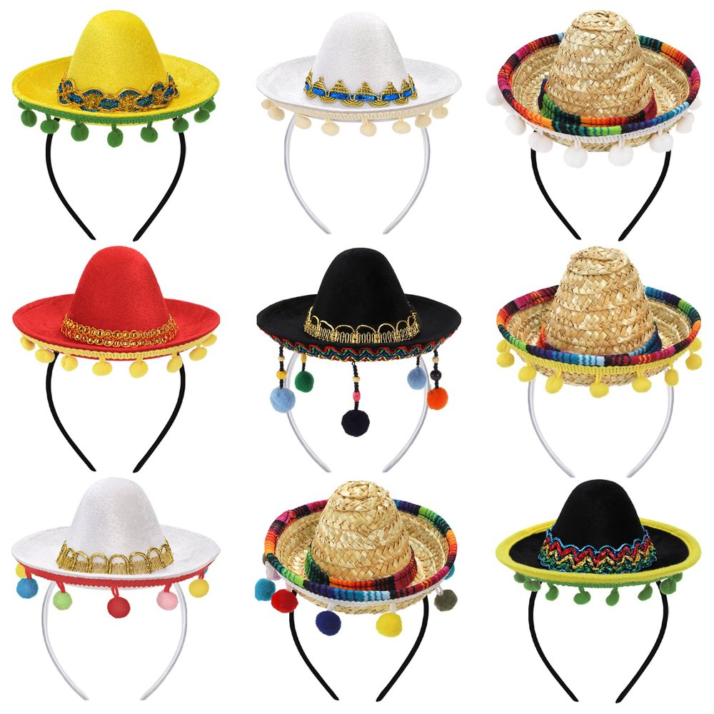 TOPZEA 9 Pack Cinco De Mayo Sombrero Hat, Fabric and Straw Mini Mexican Hats Headband, Birthday Party Decorations Small Festival Hat, Carnival Costume Outfit Fun Photo Props