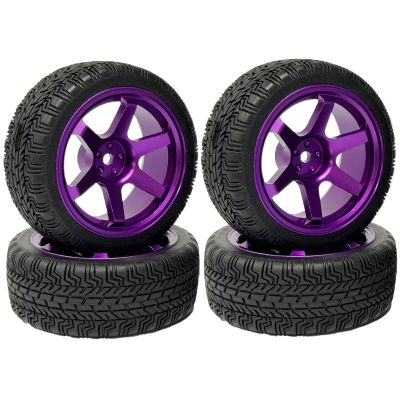 WONFAST 4PCS 1:10 Aluminium Alloy On Road Car 6-Spokes Metal Wheels Rim with Rubber Tires Compatible with 1/10 RC HSP HPI RC Drift Racing Car HSP HPI Parts (S-Purple)