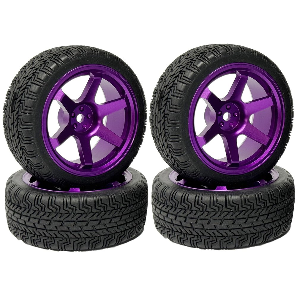 WONFAST 4PCS 1:10 Aluminium Alloy On Road Car 6-Spokes Metal Wheels Rim with Rubber Tires Compatible with 1/10 RC HSP HPI RC Drift Racing Car HSP HPI Parts (S-Purple)