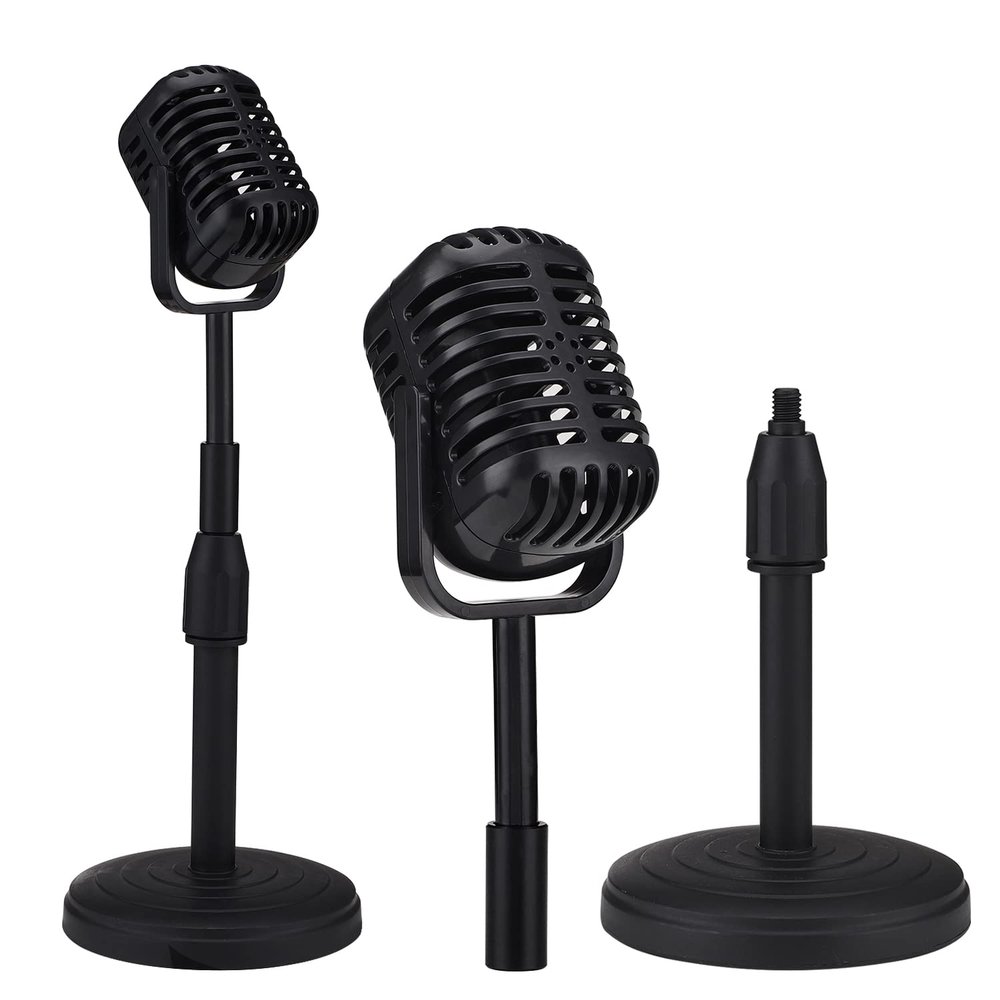 Facmogu Vintage Desktop Microphone Prop Model with Adjustable Stand, Classic Retro Style Fake Microphone Prop for Home Decro Costume Role Play & Game Night - Black