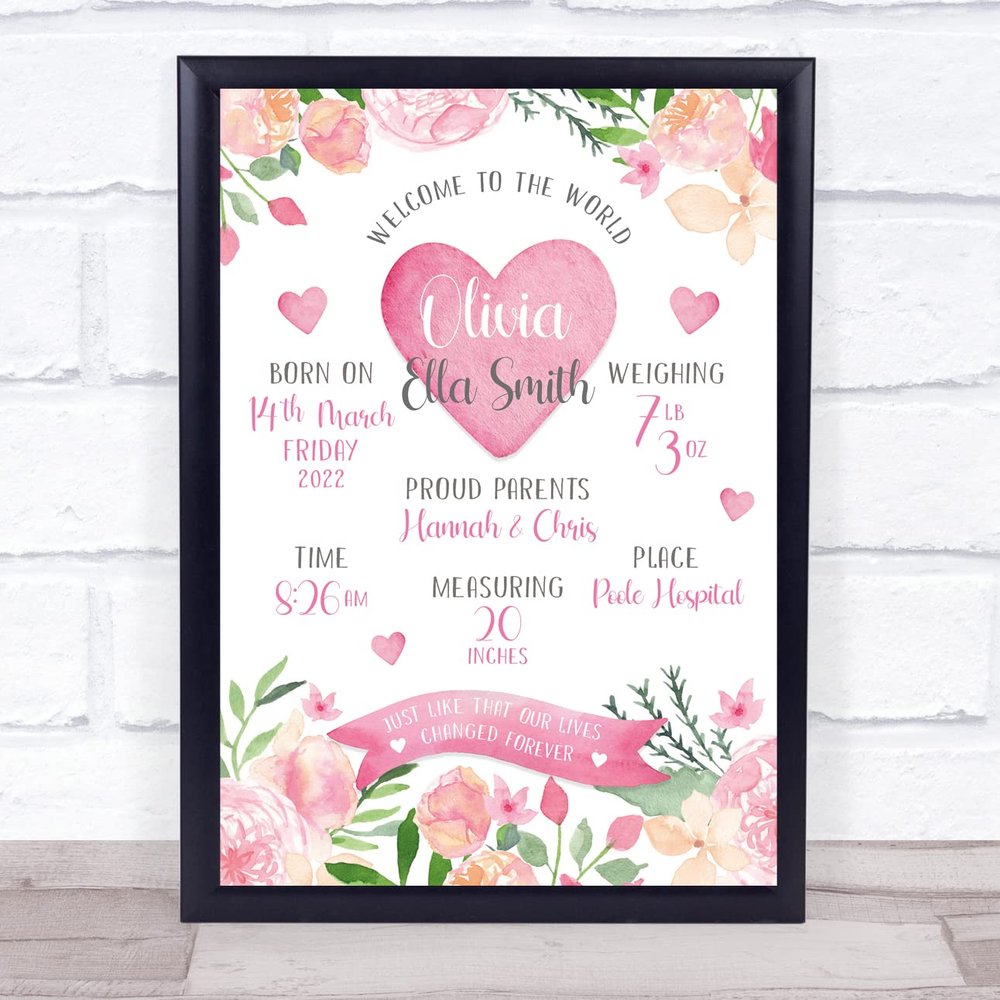 New Baby Birth New-Born Nursery Christening Hearts Floral Keepsake Gift Print