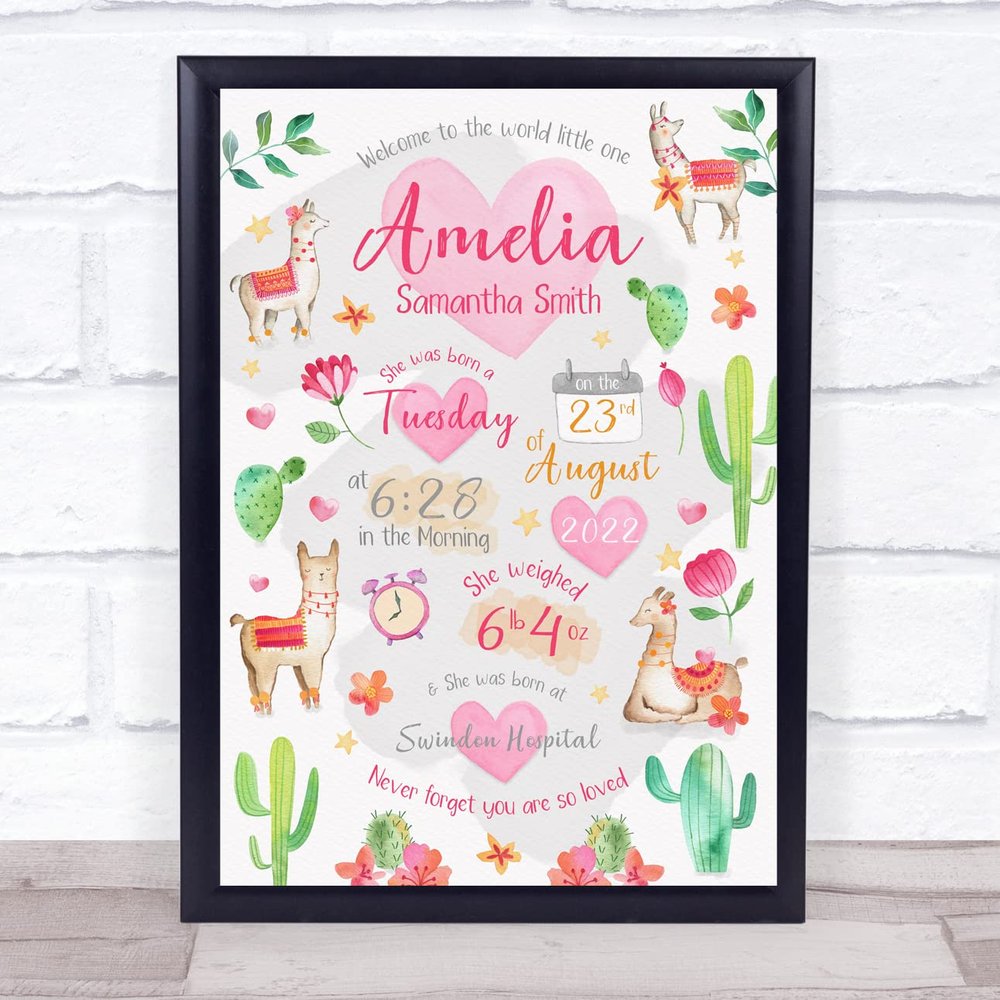 New Baby Birth New-Born Nursery Christening Llama Cactus Keepsake Gift Print