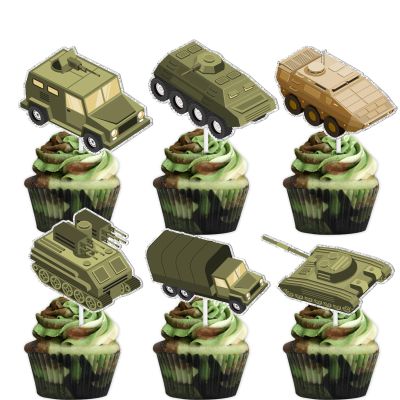 18pcs Camo Glitter Army Soldier Military Dessert Cupcake Topper Tank Truck Theme Decor Supplies Baby Shower Man Boy Happy Birthday Party Decorations