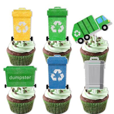 18pcs Green Glitter Dessert Cupcake Topper Garbage Truck Trash Cans Truck Waste Management Recycling Theme Decorations Boy Girl Happy Birthday Party Decor Supplies