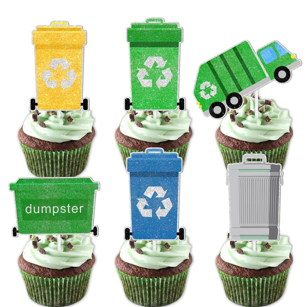 18pcs Green Glitter Dessert Cupcake Topper Garbage Truck Trash Cans Truck Waste Management Recycling Theme Decorations Boy Girl Happy Birthday Party Decor Supplies