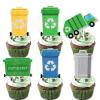 18pcs Green Glitter Dessert Cupcake Topper Garbage Truck Trash Cans Truck Waste Management Recycling Theme Decorations Boy Girl Happy Birthday Party Decor Supplies view 1
