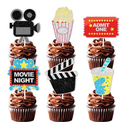 18pcs Glitter Dessert Cupcake Topper Movie Night Theme Decor Supplies Baby Shower Summer Girl Boy Happy Birthday Party Decorations