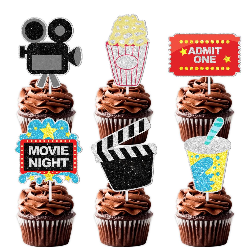 18pcs Glitter Dessert Cupcake Topper Movie Night Theme Decor Supplies Baby Shower Summer Girl Boy Happy Birthday Party Decorations