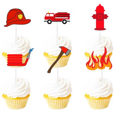 18pcs Red Glitter Dessert Cupcake Topper Firefighter Fireman Cars Fire Truck Theme Decor Supplies Baby Shower Boy Girl Happy Birthday Party Decorations