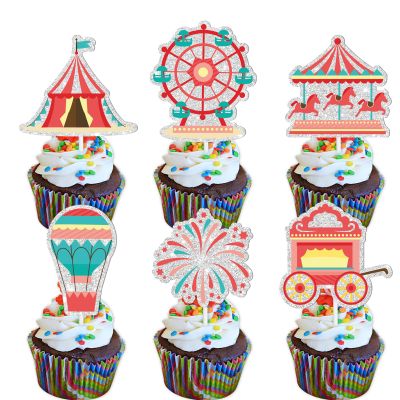 18pcs Red Glitter Fireworks Dessert Cupcake Topper Clown Hot Air Balloon Circus Tent Carnival Circus Theme Decor Supplies Baby Girl Boy Happy Birthday Party Decorations
