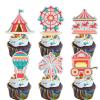 18pcs Red Glitter Fireworks Dessert Cupcake Topper Clown Hot Air Balloon Circus Tent Carnival Circus Theme Decor Supplies Baby Girl Boy Happy Birthday Party Decorations view 1