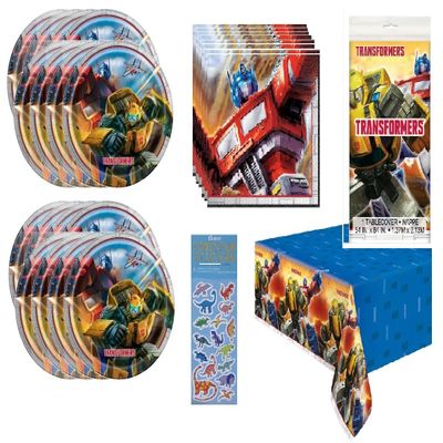 Transformers Birthday Party Supplies Bundle includes 16 Lunch Paper Plates, 16 Paper Napkins, 1 Plastic Table Cover, 1 Dinosaur Sticker Sheet