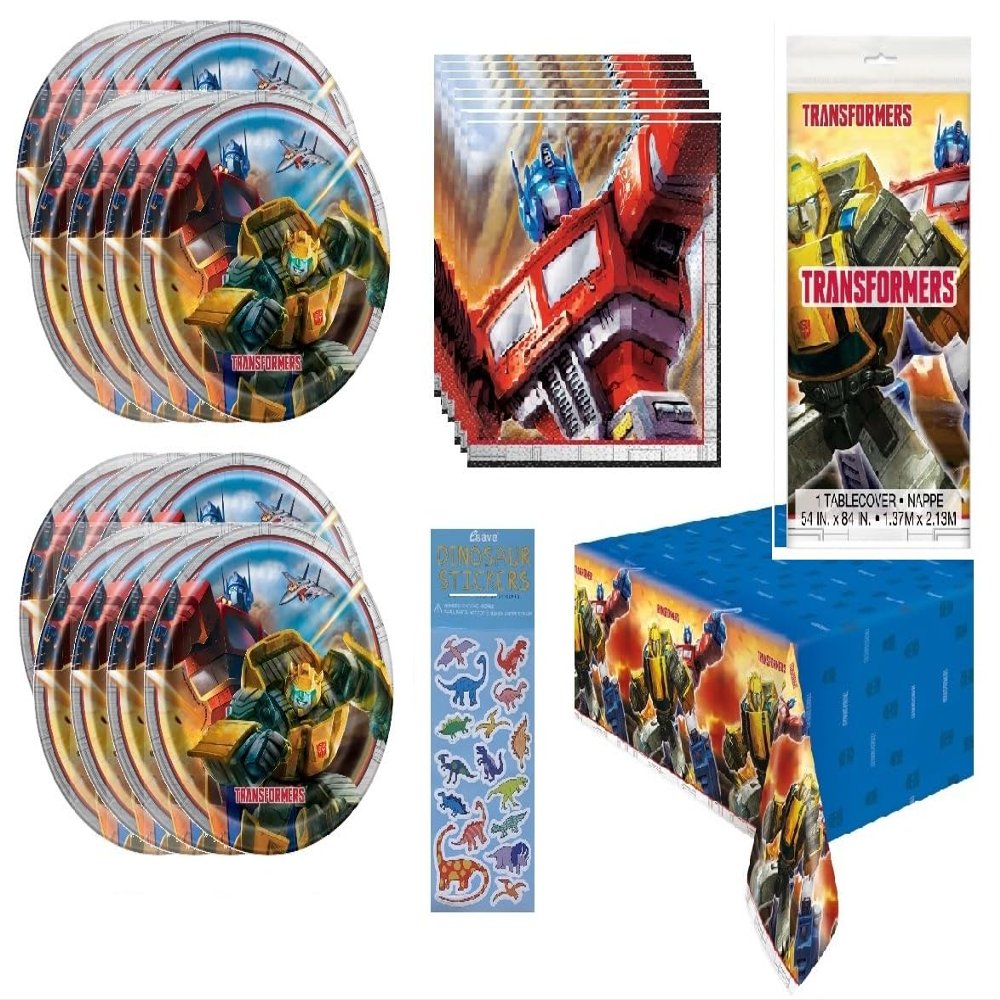 Transformers Birthday Party Supplies Bundle includes 16 Lunch Paper Plates, 16 Paper Napkins, 1 Plastic Table Cover, 1 Dinosaur Sticker Sheet