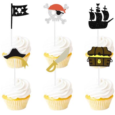 18pcs Black Glitter Dessert Cupcake Topper Skull Ship Pirate Hat Nautical Sailing Theme Decor Supplies Baby Shower Girl Boy Happy Birthday Bachelor Party Decoration
