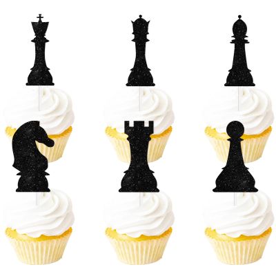 18pcs Black Glitter Silhouettes Dessert Cupcake Topper International Chess Theme Decor Supplies Happy Birthday Decorations