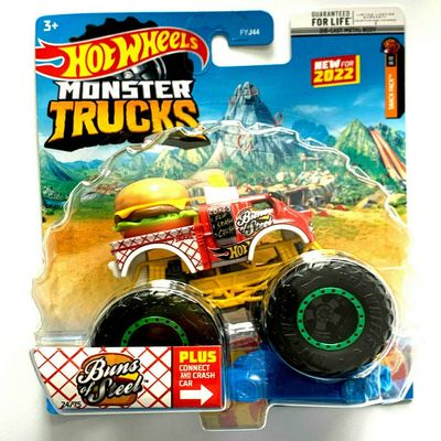 DieCast Hot Wheels Monster Trucks Buns of Steel 24/75, 2022 Connect and Crash car Included (1:64 Scale), Red