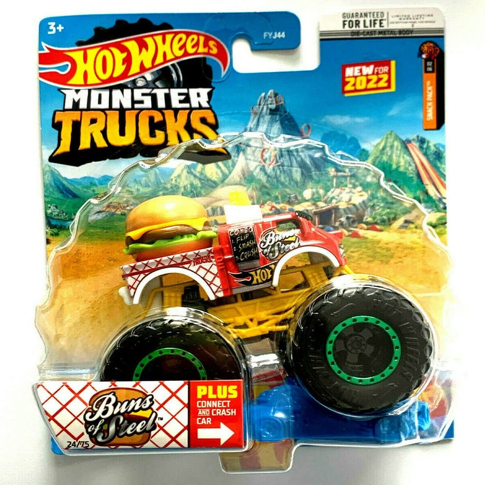 DieCast Hot Wheels Monster Trucks Buns of Steel 24/75, 2022 Connect and Crash car Included (1:64 Scale), Red