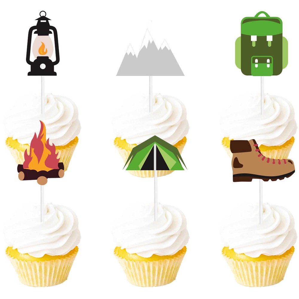 18pcs Glitter Dessert Cupcake Topper Camping Theme Decor Supplies Baby Shower Boy Girl Happy Birthday Woodlands party Decorations