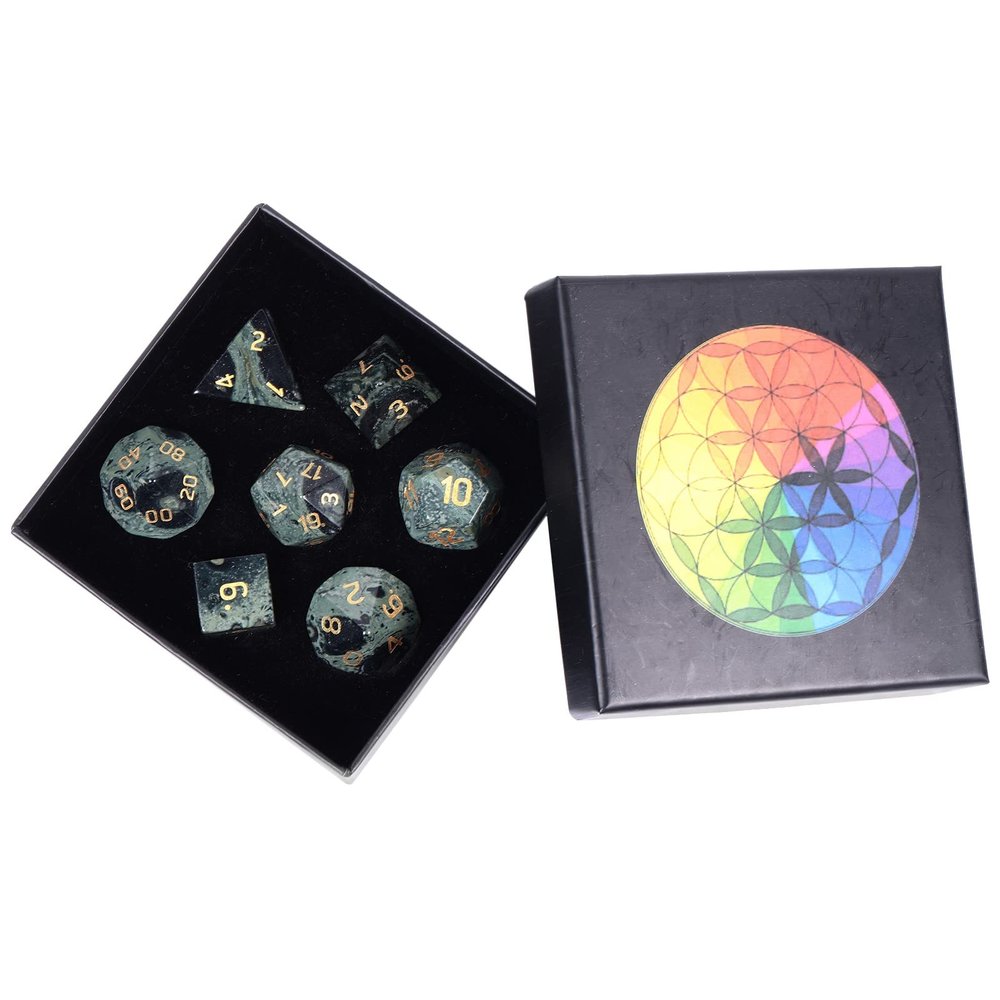 Nupuyai Healing Kambaba Jasper Stone D&D Polyhedral Dice Set with Box for Dungeons and Dragons, Set of 7 Table Top Game Dice for RPG MTG Roleplaying Collection