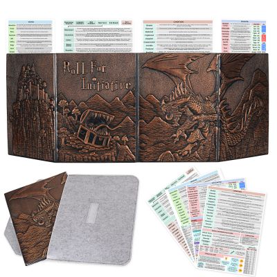 CZYY DND Dungeon Master Screen Faux Leather Embossed Dragon & Mimic, Four-Panel with Pockets DM Screen for Dungeons and Dragon, Pathfinder, D&D