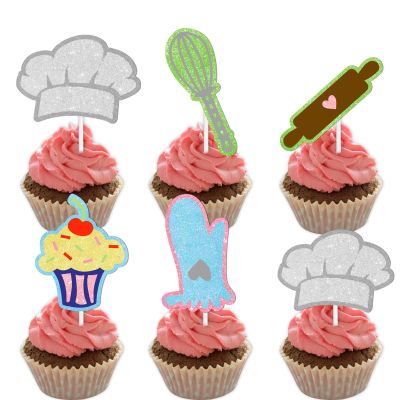 18pcs Glitter Cone Dessert Cupcake Topper Cooking Chef Theme Decor Supplies Baby Shower Boy Girl Happy Birthday Summer Party Decorations