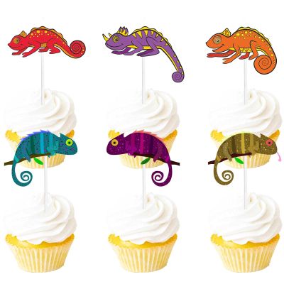 18pcs Glitter Dessert Cupcake Topper Chameleon Baby Shower Theme Decorations Boy Girl Happy Birthday Party Decor Supplies