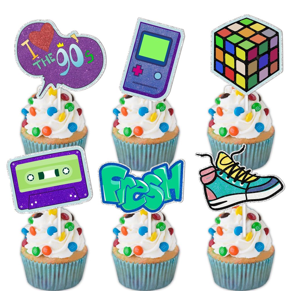 18pcs Glitter Dessert Cupcake Topper Game Retro Throwback I Love The 90s Decade Theme Decor Supplies Happy Birthday Party Decorations