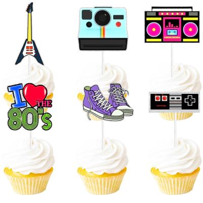 18pcs Glitter Retro Throwback Dessert Cupcake Topper Radio Girly I Love 80s Decade Theme Decor Supplies Girls Happy Birthday Party Decorations