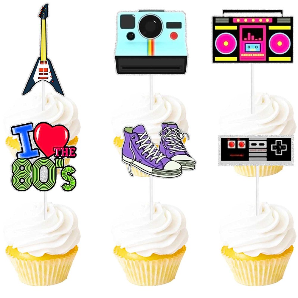 18pcs Glitter Retro Throwback Dessert Cupcake Topper Radio Girly I Love 80s Decade Theme Decor Supplies Girls Happy Birthday Party Decorations
