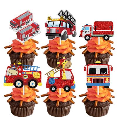 18pcs Red Glitter Firefighter Fireman Cars Dessert Cupcake Topper Fire Truck Theme Decor Supplies Baby Shower Boy Girl Happy Birthday Party Decorations