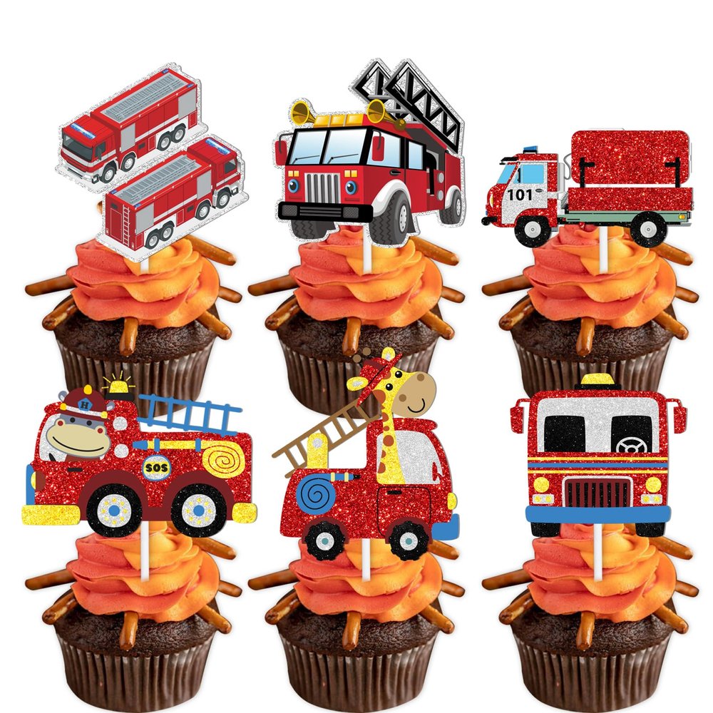18pcs Red Glitter Firefighter Fireman Cars Dessert Cupcake Topper Fire Truck Theme Decor Supplies Baby Shower Boy Girl Happy Birthday Party Decorations