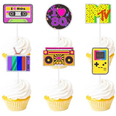 18pcs Purple Glitter Dessert Cupcake Topper Retro Throwback Girly 80s Decade Theme Decor Supplies Happy Birthday Party Decorations