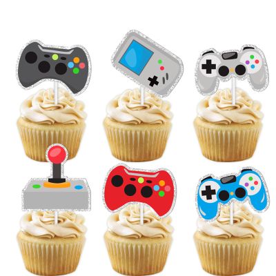 18pcs Glitter Dessert Cupcake Topper Colorful Teenager Video Game Controller Theme Decor Supplies Baby Shower Boys Girls Happy Birthday Decorations